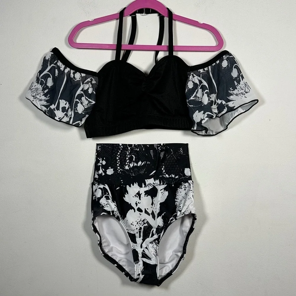 Alexandra Just For Kix Dance Costume Black White Floral Crop Top Briefs adult XS